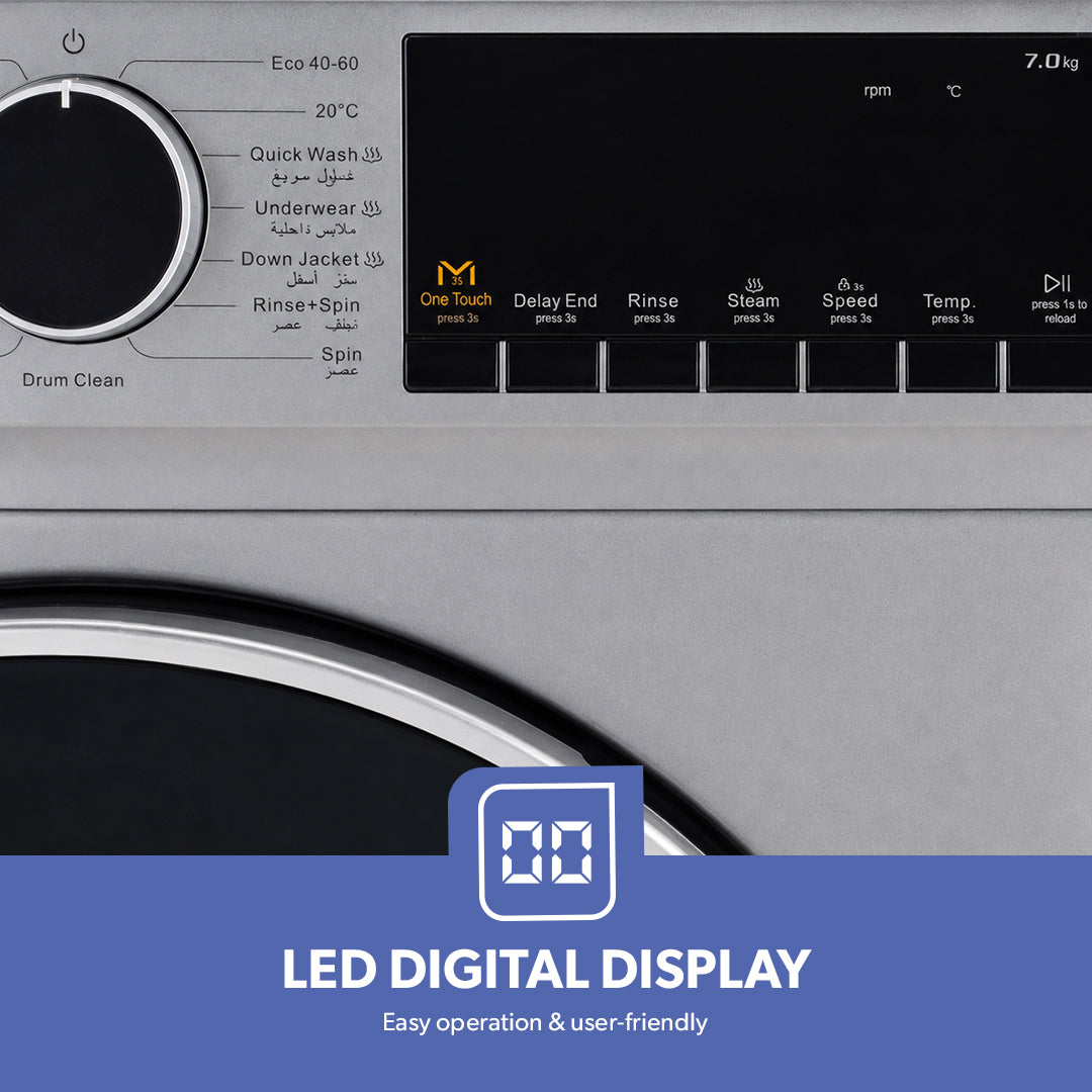 Geepas GWMF7125SRG 7kg Inverter Front Load Washing Machine |  1200 RPM |  16 Wash Programs |  Steam & Quick Wash | LED Display | Stainless Steel Drum & Low Noise System
