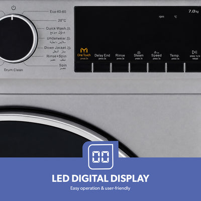 Geepas GWMF7125SRG 7kg Inverter Front Load Washing Machine |  1200 RPM |  16 Wash Programs |  Steam & Quick Wash | LED Display | Stainless Steel Drum & Low Noise System