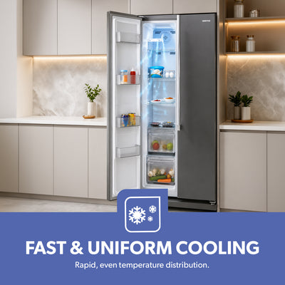 Geepas GRFS6521SXHN Side by Side Refrigerator|650L No Frost Inverter Fridge |Digital temperature control display |tempered glass shelves |Twist ice maker |1-Year Warranty
