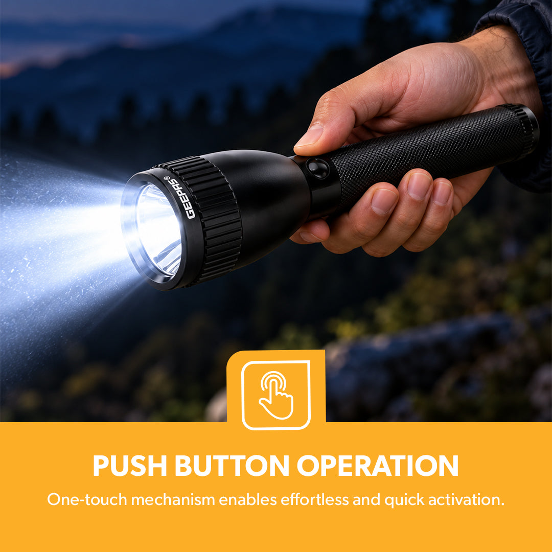Geepas GFL3894 Rechargeable Waterproof LED Flashlight | 7W LED | 5000mAh Li-Ion Battery | Aircraft-grade aluminium body | Up to 4 hours s working | One-touch push button