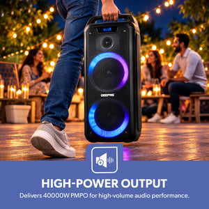 Geepas GMS11168 Rechargeable Professional Speaker | 40000W PMPO Bluetooth TWS | Bluetooth wireless music streaming | Multi-mode LED disco lighting effects | LED display