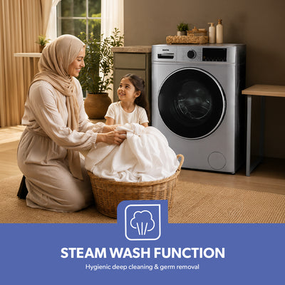 Geepas GWMF7125SRG 7kg Inverter Front Load Washing Machine |  1200 RPM |  16 Wash Programs |  Steam & Quick Wash | LED Display | Stainless Steel Drum & Low Noise System