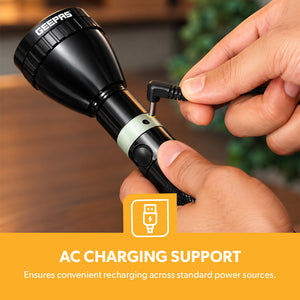 Geepas GFL3869 Rechargeable LED Flashlight | 10W High Power LED | 6000mAh Li-Ion Battery | Aircraft-grade aluminium body | Bright & focused illumination | Durable Design