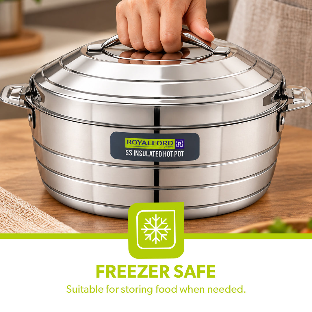 Royalford RF12857 2400ml Stainless Steel Insulated Hot Pot | Double Wall Vacuum Insulation| Firm Twist Lock Lid |Durable Handles | Dishwasher & Freezer Safe Casserole