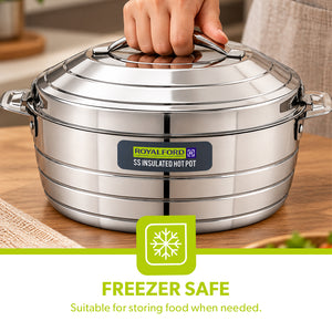 Royalford RF12857 2400ml Stainless Steel Insulated Hot Pot | Double Wall Vacuum Insulation| Firm Twist Lock Lid |Durable Handles | Dishwasher & Freezer Safe Casserole