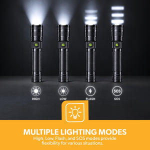 Geepas GFL4639 20W Zoomable LED Flashlight 4PCS Combo | Rechargeable Torch |Up to 2000-Meter Beam Distance | 6000mAh Rechargeable Li-ion Battery | USB Type-C Charging