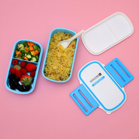 Royalford RF4399BL Airtight Lunch Box 2 Layer with Spoon| Leak Proof, Food Storage Container & 1+2 Compartment| Durable Food Grade Material for Office School Travel Use|