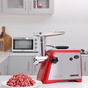Geepas GMG1910 Stainless Steel Meat Grinder | 1600W | Aluminium Gearbox| Reverse Function| 3 Cutting Plates| Sausage & Kubbe Accessories| Food Pusher| 2 Years Warranty