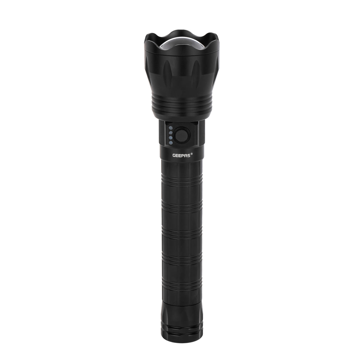 Geepas Zoomable LED Flashlight with Power Bank- GFL4650/ 30 W Lazer LEDs,12 Hours Continuous Working/2 Modes, High and Low, 3000 Lumens Torch Light,Type-C Charging/ Black