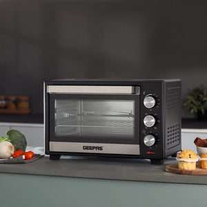 Geepas GO4466 Electric Oven with Rotisserie | 24L Capacity | 1600W Power | Adjustable Temperature Control | 60-Minute Timer | Perfect for Baking, Grilling, and Roasting