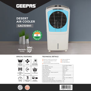 Geepas GAC1519H1 Desert Air Cooler | 100L Water Tank Capacity | 3-Side Honeycomb Pads, Bacteria Shield Technology|  Powerful Airflow & Rust-Free Body| 2 Years Warranty