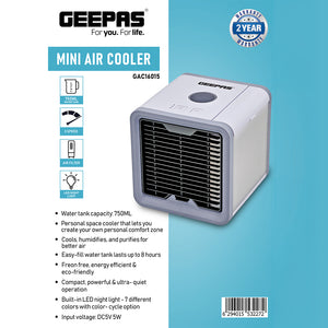 Geepas GAC16015 Mini Air Cooler | 750ML Personal Space Cooler | 3-Speed Control | LED Night Light | Quiet Operation| Energy Efficient Cooling | 2 Years Warranty