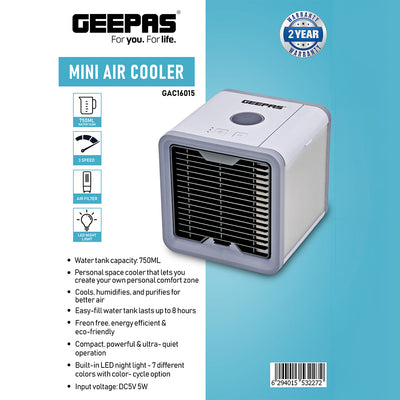 Geepas GAC16015 Mini Air Cooler | 750ML Personal Space Cooler | 3-Speed Control | LED Night Light | Quiet Operation| Energy Efficient Cooling | 2 Years Warranty