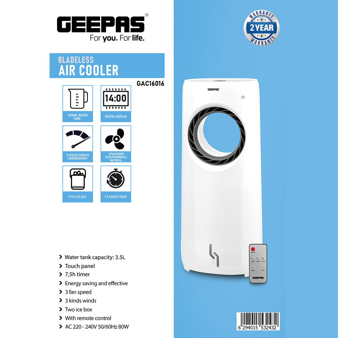 Geepas GAC16016 Bladeless Air Cooler | 3.5L Water Tank Capacity|  3 Fan Speeds| Touch Control Panel| Remote Operation Quiet & Energy Efficient Cooling |2 Years Warranty
