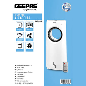 Geepas GAC16016 Bladeless Air Cooler | 3.5L Water Tank Capacity|  3 Fan Speeds| Touch Control Panel| Remote Operation Quiet & Energy Efficient Cooling |2 Years Warranty