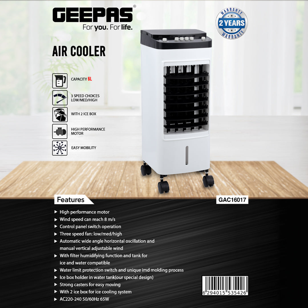 Geepas GAC16017 Air Cooler | 6L Compact Capacity |  Ice Cooling Function| Powerful High-Performance Motor | Adjustable Fan Speed| Energy Efficient |  2 Years Warranty
