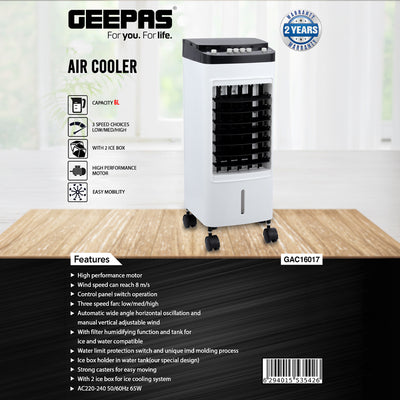 Geepas GAC16017 Air Cooler | 6L Compact Capacity |  Ice Cooling Function| Powerful High-Performance Motor | Adjustable Fan Speed| Energy Efficient |  2 Years Warranty
