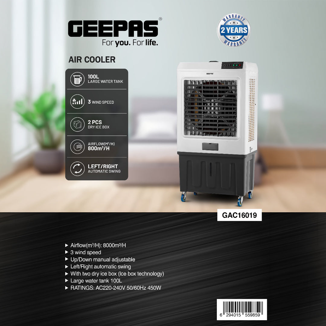 Geepas GAC16019 Air Cooler | 100L Large Water Tank| Powerful 800m³/h Airflow| 3 Adjustable Wind Speeds| 450W  Motor| Energy Efficient Cooling System| 2 Years Warranty