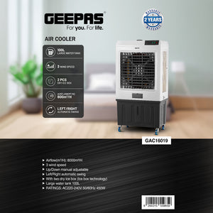 Geepas GAC16019 Air Cooler | 100L Large Water Tank| Powerful 800m³/h Airflow| 3 Adjustable Wind Speeds| 450W  Motor| Energy Efficient Cooling System| 2 Years Warranty