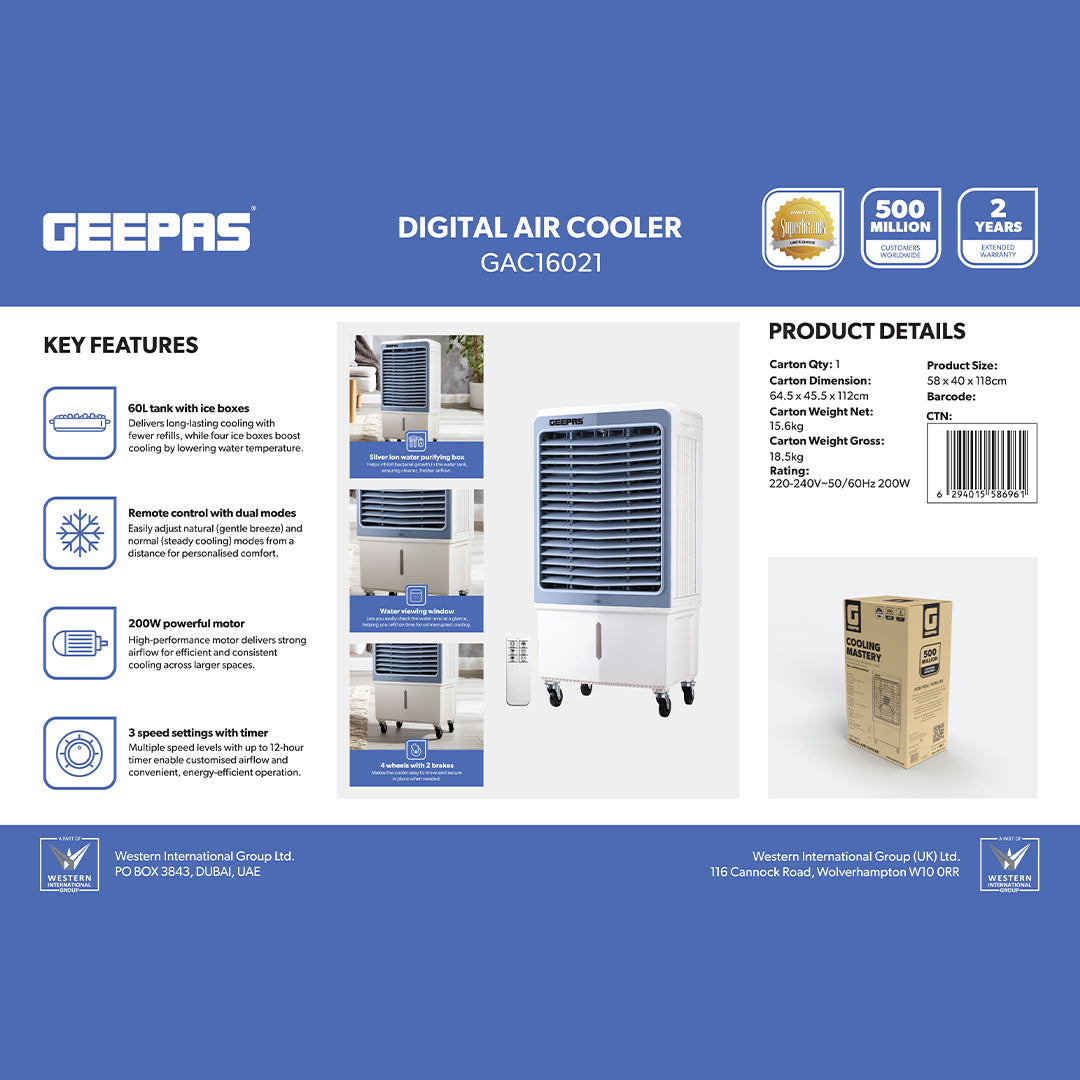 Geepas GAC16021 Digital Air Cooler | 60L Tank |200W Powerful Motor | Remote Control with Dual Modes | 3 Speed Settings with Timer | Portable Cooler with Ice Box & Wheels
