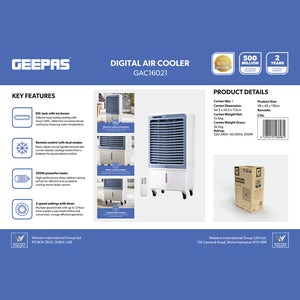 Geepas GAC16021 Digital Air Cooler | 60L Tank |200W Powerful Motor | Remote Control with Dual Modes | 3 Speed Settings with Timer | Portable Cooler with Ice Box & Wheels