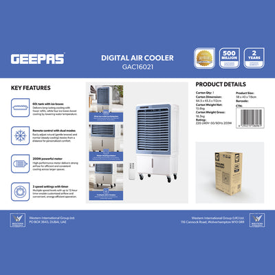 Geepas GAC16021 Digital Air Cooler | 60L Tank |200W Powerful Motor | Remote Control with Dual Modes | 3 Speed Settings with Timer | Portable Cooler with Ice Box & Wheels