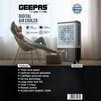 Geepas GAC9433 Digital Air Cooler | 45L Large Water Tank | 150W Power | Ice Box Technology | 3 Wind Speeds | 7.5-Hour Timer | Remote Control  | 2 Years Warranty