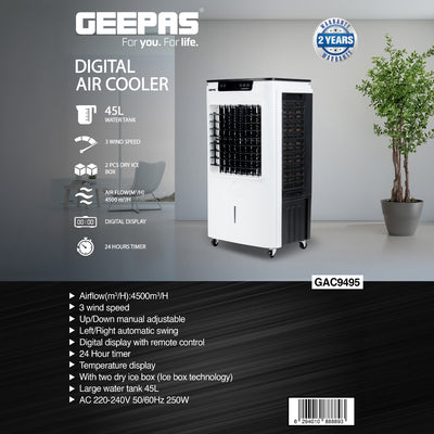 Geepas GAC9495 Digital Air Cooler | 45L Large Water Tank |  3 Adjustable Wind Speeds|  Powerful 4500m³/h Airflow |  Energy Efficient Cooling System |  2 Years Warranty
