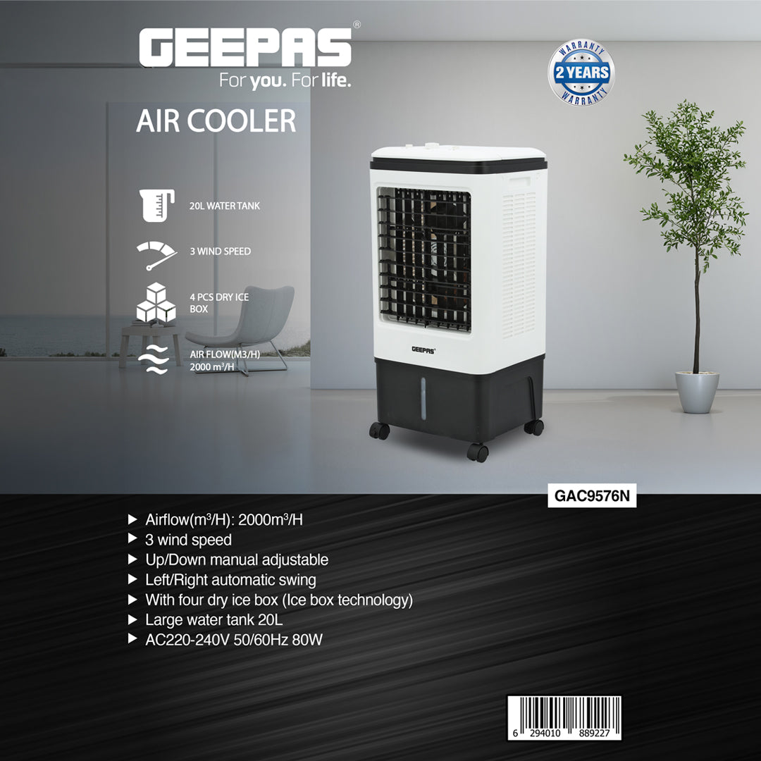 Geepas GAC9576 Air Cooler | 20L Water Tank | 80W Power | 3 Wind Speeds | 2000 m³/h Airflow | 4 Dry Ice Boxes | Automatic Swing | Manual Adjustment | 2 Years Warranty