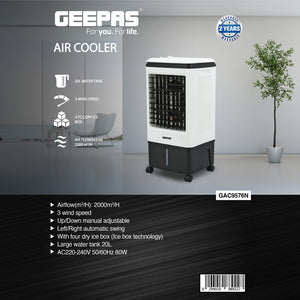 Geepas GAC9576 Air Cooler | 20L Water Tank | 80W Power | 3 Wind Speeds | 2000 m³/h Airflow | 4 Dry Ice Boxes | Automatic Swing | Manual Adjustment | 2 Years Warranty