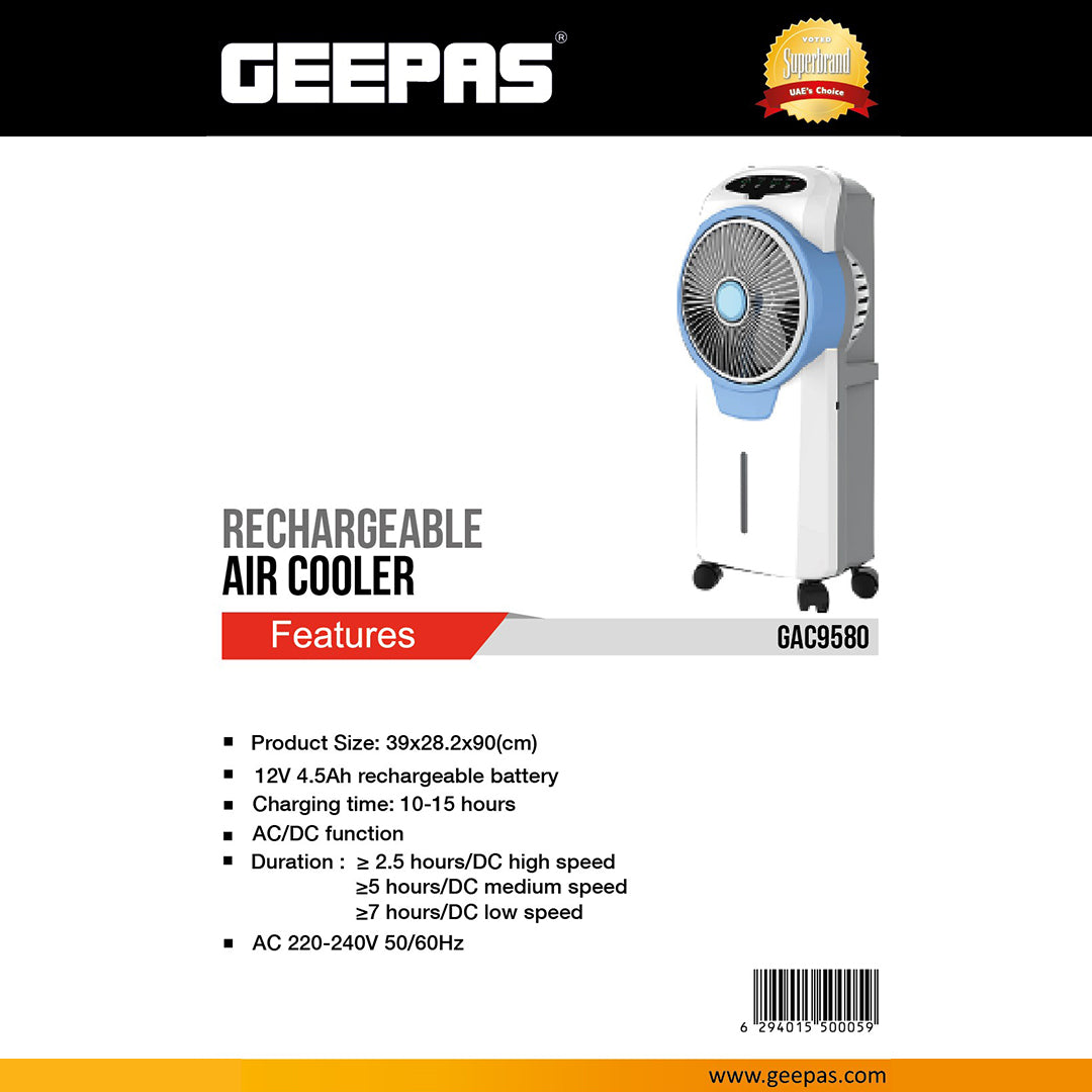 Geepas GAC9580 Rechargeable Air Cooler| Portable AC/DC Cooling System with 12V 4.5Ah Battery|3-Speed Settings| Long Backup Duration| Compact & Energy Efficient Design