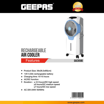 Geepas GAC9580 Rechargeable Air Cooler| Portable AC/DC Cooling System with 12V 4.5Ah Battery|3-Speed Settings| Long Backup Duration| Compact & Energy Efficient Design