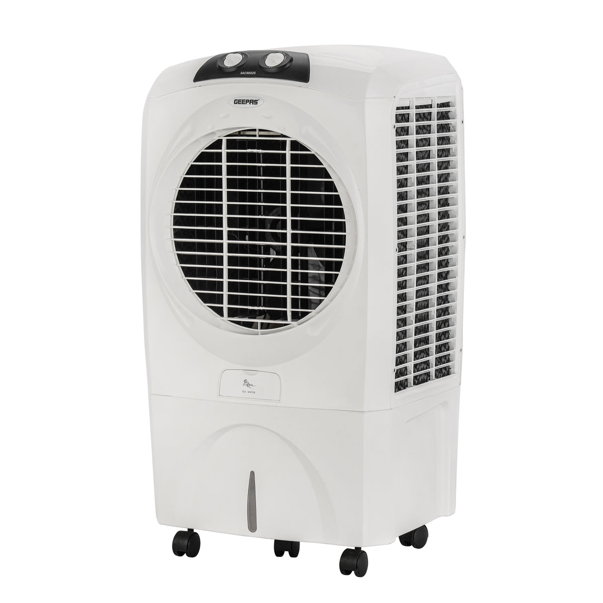 Geepas 70 liter Air Cooler- GAC9602/ Equipped with Honeycomb Pads, Specially Designed Grill, Cool Flow Dispenser/ Multidirectional Wheels, 2 Years Warranty, White