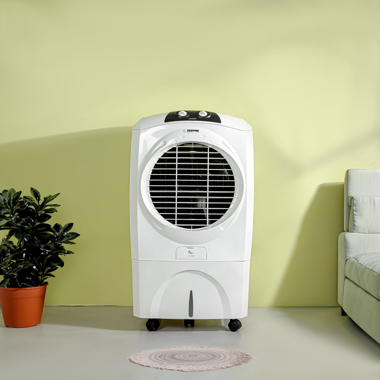 Geepas 70 liter Air Cooler- GAC9602/ Equipped with Honeycomb Pads, Specially Designed Grill, Cool Flow Dispenser/ Multidirectional Wheels, 2 Years Warranty, White