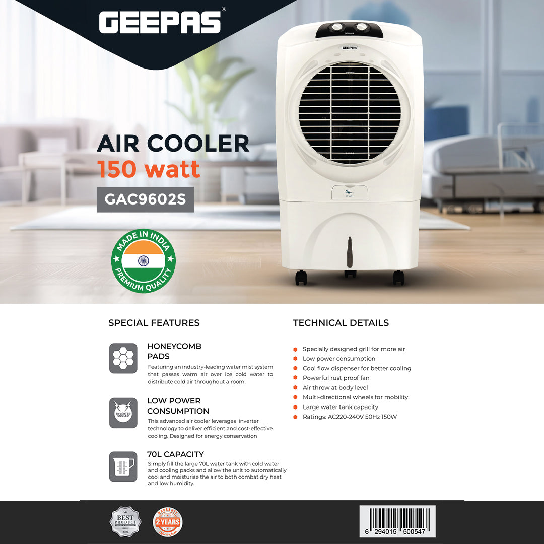 Geepas GAC9602 Air Cooler | 70L Large Water Tank| 150W Power Consumption| Efficient Honeycomb Cooling Pads| Rust Proof Fan| High Airflow Performance| 2 Years Warranty