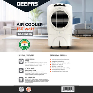 Geepas GAC9602 Air Cooler | 70L Large Water Tank| 150W Power Consumption| Efficient Honeycomb Cooling Pads| Rust Proof Fan| High Airflow Performance| 2 Years Warranty