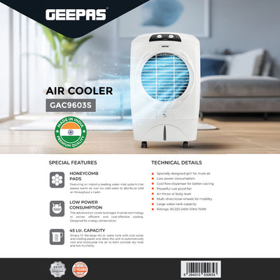 Geepas GAC9603 Air Cooler | 45L Large Capacity with Powerful Airflow | Efficient Honeycomb Cooling Pads| Adjustable Speed |  Water Level Indicator| 2 Years Warranty