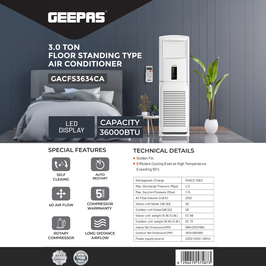 Geepas GACFS3634CA 3.0 Ton Floor Standing Air Conditioner | 36000 BTU Cooling  Capacity| Golden Fin Protection |  Rotary Compressor | Energy Efficient | 1-Year Warranty