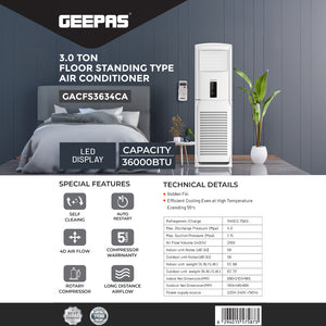 Geepas GACFS3634CA 3.0 Ton Floor Standing Air Conditioner | 36000 BTU Cooling  Capacity| Golden Fin Protection |  Rotary Compressor | Energy Efficient | 1-Year Warranty