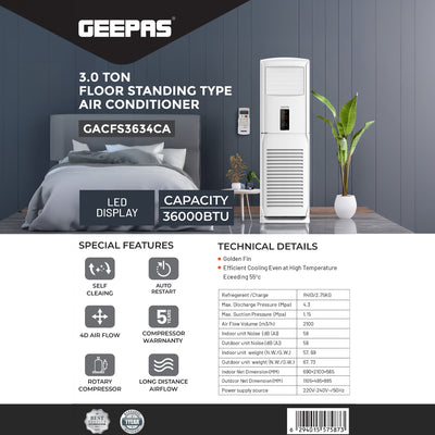 Geepas GACFS3634CA 3.0 Ton Floor Standing Air Conditioner | 36000 BTU Cooling  Capacity| Golden Fin Protection |  Rotary Compressor | Energy Efficient | 1-Year Warranty