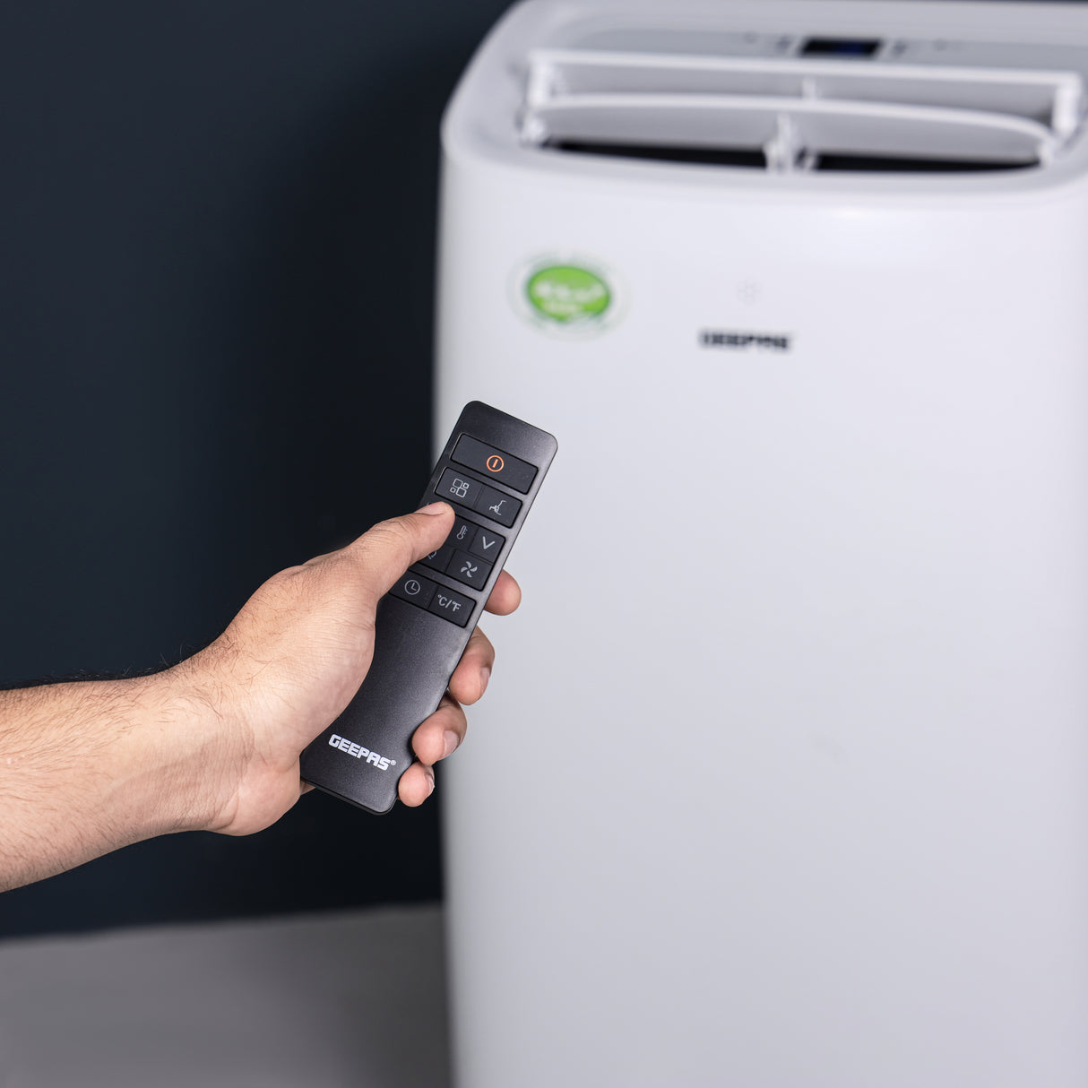 Geepas Portable Air Conditioner- GACP1216CU/ 3 Modes, 2 Speed Settings, Dehumidification, Self-Evaporation, Cooling/ Digital Display, Remote Control, 24 Hours Timer