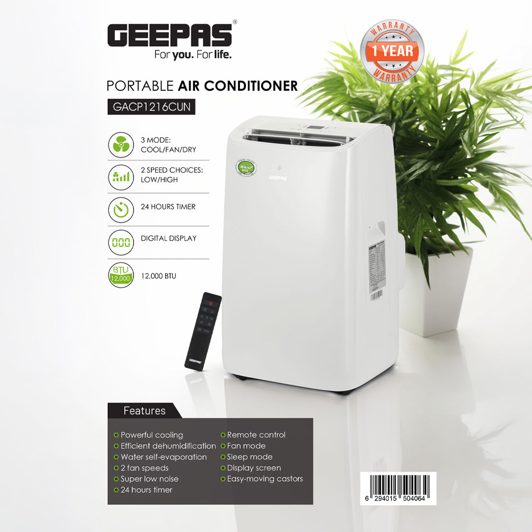 Geepas GACP1216CU 1.0 Ton Portable Air Conditioner | 12000 BTU Cooling Capacity | 3 Modes – Cool/Fan/Dry | Digital Display | Remote Control | Low Noise | 1-Year Warranty