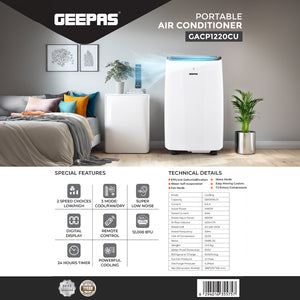 Geepas Portable Air Conditioner GACP1220CU | 12000 BTU Cooling Capacity | 3-in-1 Mode  | Digital Display| Remote Control | Dehumidifier & Timer Function | 1 Year Warranty