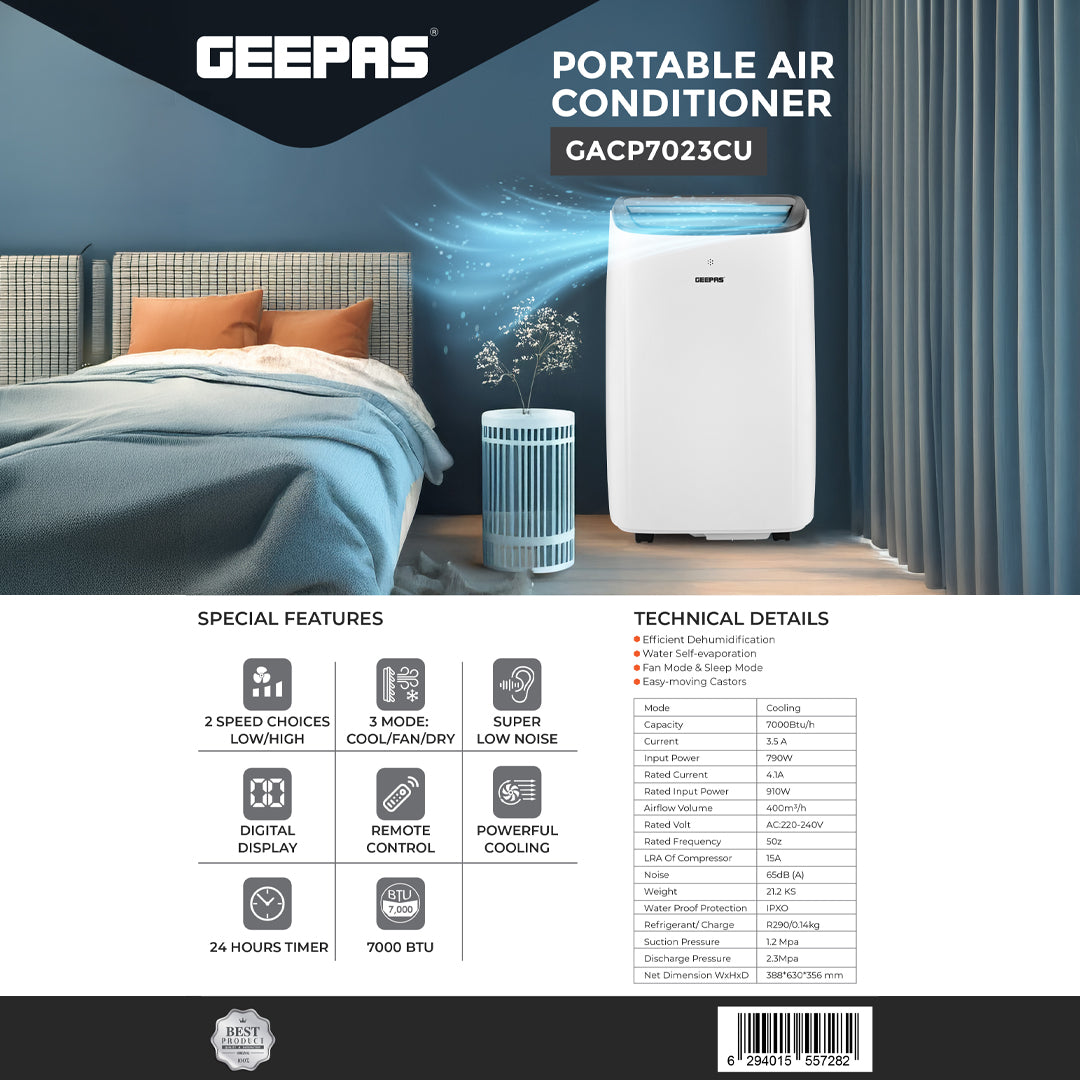 Geepas GACP7023CU Portable Air Conditioner 7000 BTU| Cool, Fan & Dry Modes with Remote Control | Digital LED display| Dehumidification function |Easy-moving castor wheels