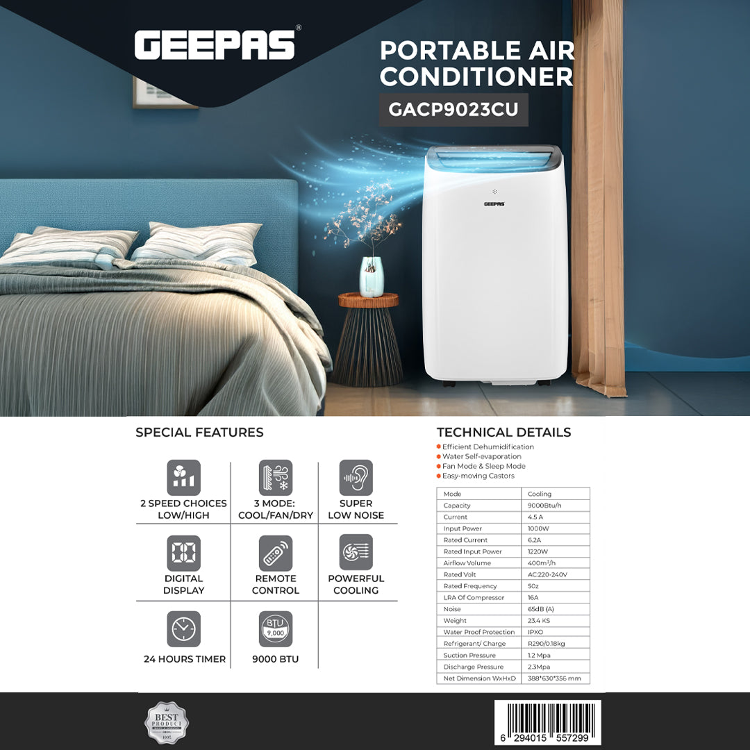 Geepas Portable Air Conditioner GACP9023CU| 9000 BTU| 3 Modes| 2 Speeds| Dehumidifier| Self-Evaporation| Digital Display| Remote Control, 24H Timer| Easy Move Wheels