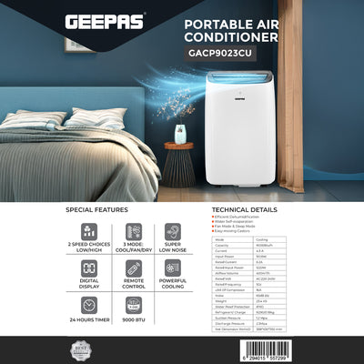 Geepas Portable Air Conditioner GACP9023CU| 9000 BTU| 3 Modes| 2 Speeds| Dehumidifier| Self-Evaporation| Digital Display| Remote Control, 24H Timer| Easy Move Wheels