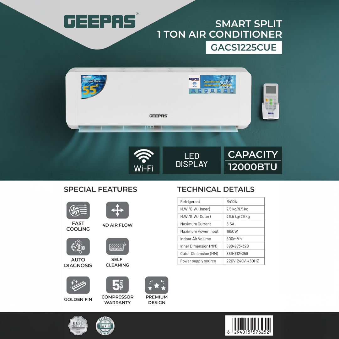 Geepas 1 Ton Smart Split Air Conditioner GACS1225CUE | 12000 BTU Cooling | Wi-Fi Control, LED Display| 4D Air Flow| Golden Fin| Self-Cleaning & 5-Year Compressor Warranty