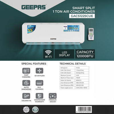 Geepas 1 Ton Smart Split Air Conditioner GACS1225CUE | 12000 BTU Cooling | Wi-Fi Control, LED Display| 4D Air Flow| Golden Fin| Self-Cleaning & 5-Year Compressor Warranty
