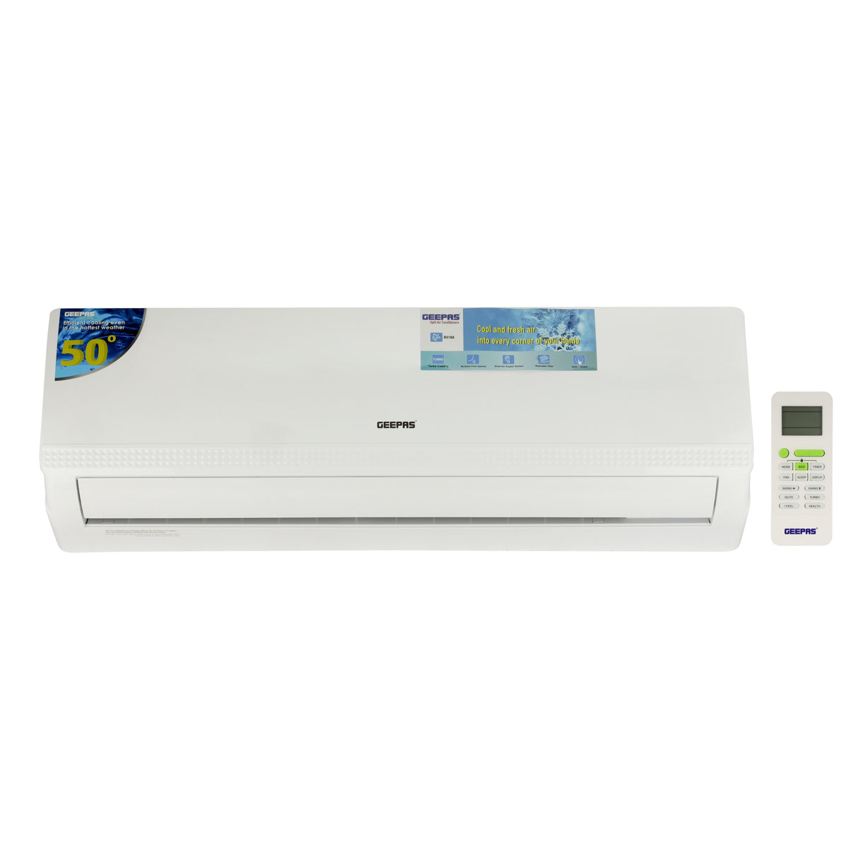Geepas 1.0 TON Split Air Conditioner- GACS1248TCU/ Equipped with Turbo Function and Multiple Flow Speed for Fast Cooling/ with Washable Filter and Golden Fin Technology, Ideal for Home and Office/ 3 Years Compressor Warranty, White