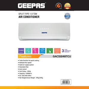 Geepas GACS1248TCU 1.0 Ton Split Type Air Conditioner | 12000 BTU Powerful Turbo Cooling | LED Display | Multiple Flow Speed | Quiet Air Supply System |  1-Year Warranty